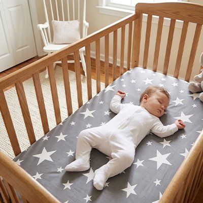 Bébé vêtu de blanc sereinement endormi  dans son berceau sur un matelas recouvert du drap housse lit bébé douceur premium