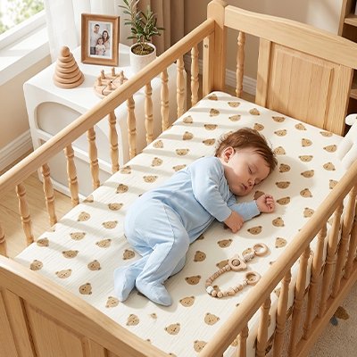 Bébé vêtu de bleu couché dans son berceau sur un matelas recouvert avec le drap housse lit bébé confort sécurisé