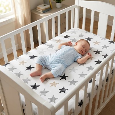 Bébé vêtu de bleu profondément endormi dans son berceau sur un matelas recouvert drap housse lit bébé ultra-doux