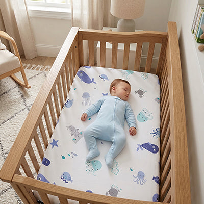 Bébé vêtu bleu sereinement endormi dans son berceau sur un matelas recouvert par le drap housse lit bébé doux et respirant aventure sous marine