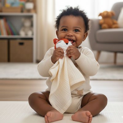 bébé vêtu de beige assis et souriant avec son Doudou Renard Coton Bio apaisant beige