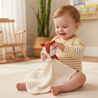 bébé vêtu de beige rayé de jaune assis et souriant avec son Doudou Renard Coton Bio apaisant beige
