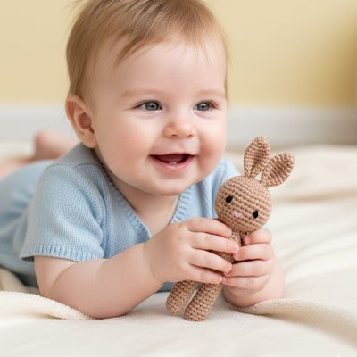 Bébé vêtu de bleu allongé sur ventre et heureux avec son Doudou lapin câlin apaisant