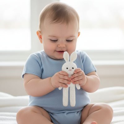 Bébé vêtu de bleu assis et souriant avec son Doudou lapin câlin apaisant
