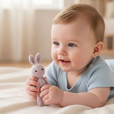 Bébé vêtu de bleu échangeant instant complicité avec son Doudou lapin câlin apaisant