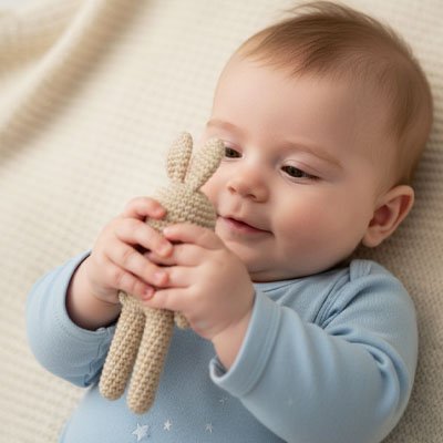 Bébé vêtu de bleu joyeux et communiant avec son Doudou lapin câlin apaisant