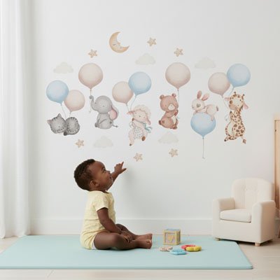 Bébé vêtu de jaune assis admirant et touchant main gauche mur décoré avec stickers muraux design mobile