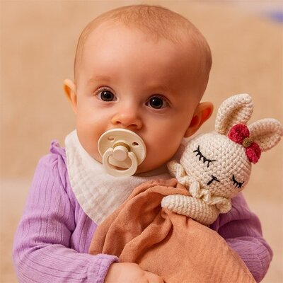Bébé vêtu de violet tenant dans bras Doudou bébé Doux Coton Bio