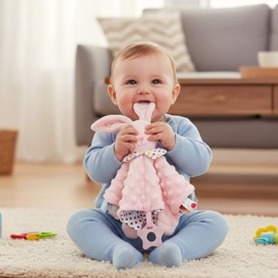 Bébé vêtu en bleu assis et jouant avec doudou bébé Ultra-Doux Apaisant lapin fauteuil gris en arrière plan