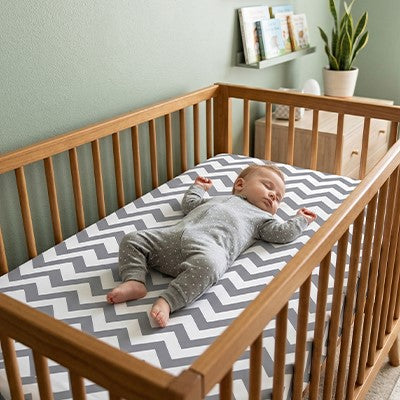 Bébé vêtu de gris couché sur le dos sur un matelas recouvert par le drap housse lit bébé tout doux dans son berceau