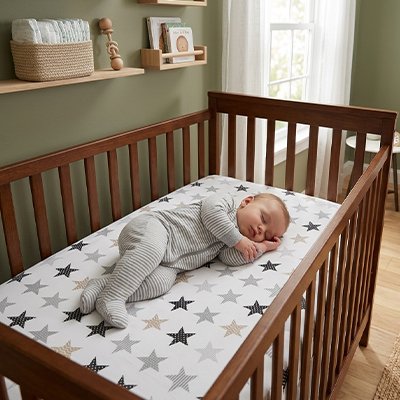 Bébé vêtu de gris profondément endormi dans son berceau sur un matelas recouvert drap housse lit bébé ultra-doux