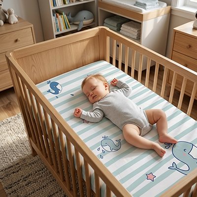 Bébé vêtu de gris profondément endormi dans son berceau sur un matelas recouvert par le drap housse lit bébé douceur sécurisée