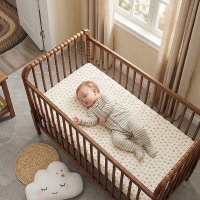 Bébé vêtu de gris rayé de noir couché dans son berceau sur un matelas recouvert avec le drap housse lit bébé confort sécurisé