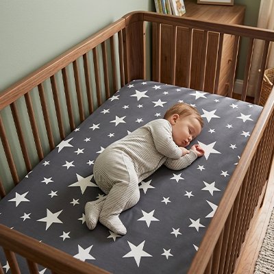 Bébé vêtu de gris sereinement endormi dans son berceau sur un matelas recouvert du drap housse lit bébé douceur premium
