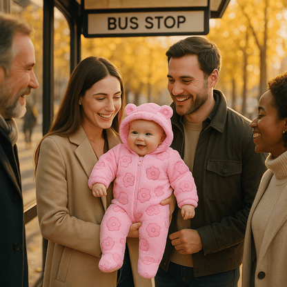bebe vetu nid d ange bodychaud avec parents dans arret bus