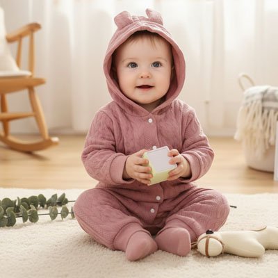 Bébé vêtu pyjama bébé Douces Nuits rose assis et tenant jouet en mains