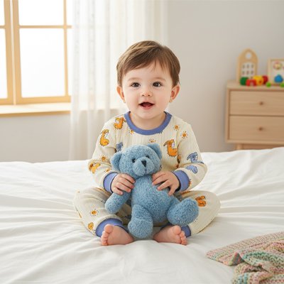 Bébé vêtu Pyjama bébé Doux Rêves assis sur grand lit et tenant ours en peluche en mains