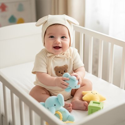 bébé vêtu pyjama bébé garçon Bio Doux assi dans berceau un jouet en mains