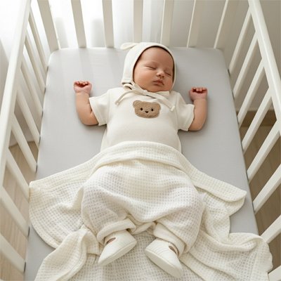 bébé vêtu pyjama bébé garçon Bio Doux sereinement endormi dans son berceau