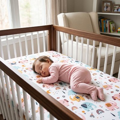 Bébé vêtu de rose profondément endormi dans son berceau sur un matelas recouvert drap housse lit bébé ultra-doux