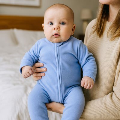 Bébé aux yeux bleus en Pyjama bébé Doux Bio Confort bleu porté par personne vêtue pull beige avec lit et lampe en arrière plan