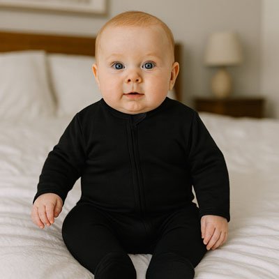 Bébé aux yeux bleus portant Pyjama bébé Doux Bio Confort noir assis sur lit blanc dans chambre au décor épuré avec tête lit en bois