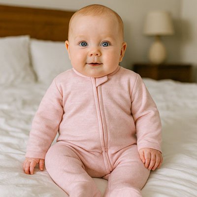Bébé aux yeux bleus portant Pyjama bébé Doux Bio Confort rose assis sur lit blanc avec tête lit en bois et lampe chevet en arrière plan flou