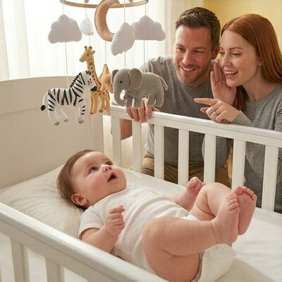 Couple de parents observe avec émerveillement leur bébé captivé par le mobile bébé Atmosphère Relaxante