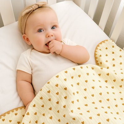 Couverture bébé Cocon Douceur : bébé souriant dans son berceau, couverture en mousseline jaune à cœurs dorés, légère et respirante