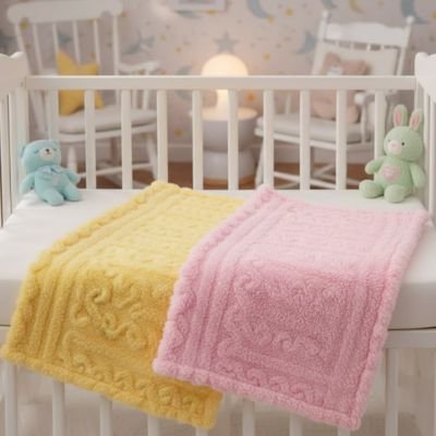 deux couvertures bébé nature douce rectangulaires texturées jaune et rose sont posées à plat côte à côte sur matelas lit à barreaux blanc
