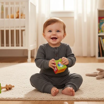 Enfant dans pyjama bebe Coton Bio Ultra Doux gris assi et souriant jouet en mains