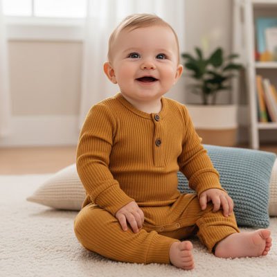 Enfant dans pyjama bebe Coton Bio Ultra Doux moutarde assi et souriant