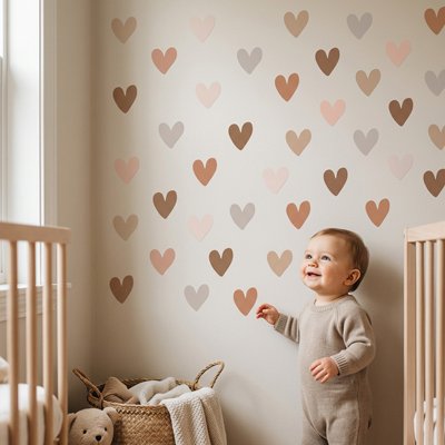 Enfant debout et souriant dans la chambre décoré par stickers muraux design express
