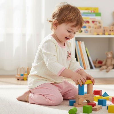 Enfant habillé en pyjama bébé Douceur Bio en plein jeux de construction