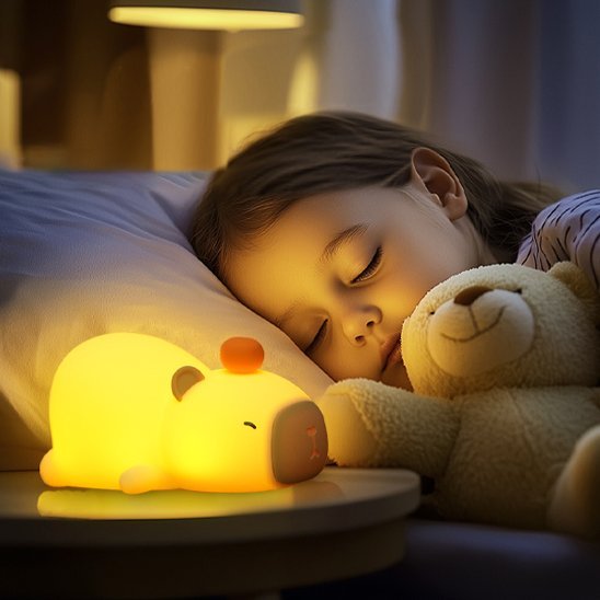 enfant profondement endormie sous lumiere veilleuse bebe capybara