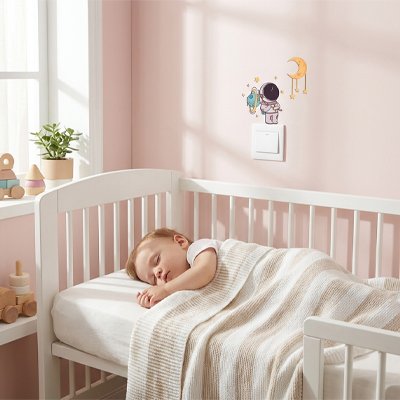 Enfant sereinement endormi sur le lit avec en arrière plan mur orné par stickers muraux chambre déco chic