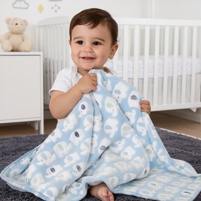 enfant souriant assis et completement recouvert par large couverture bebe coton bio doux