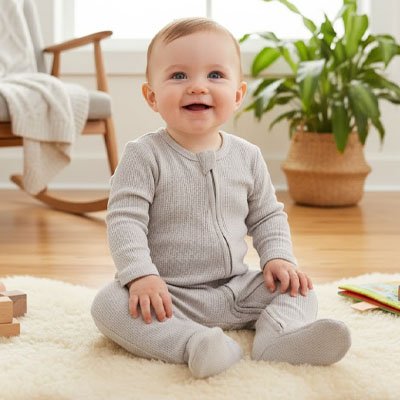 Enfant souriant assis et vêtu pyjama bébé Doudou Nuit gris