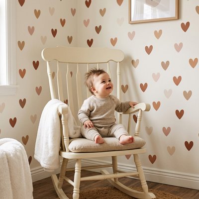 Enfant souriant assis sur une chaise dans chambre devant mur décoré par stickers muraux design express
