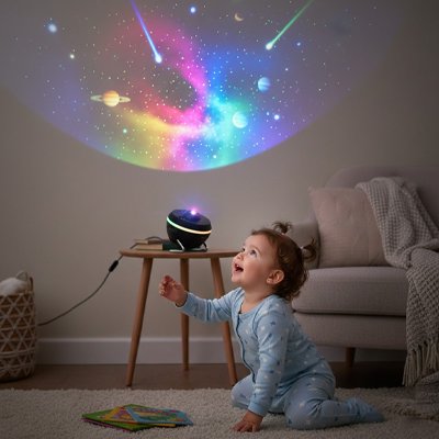 Enfant vêtu bleu à genoux et admirant ciel galactique projeté par projecteur enfant univers magique
