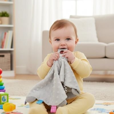Enfant vêtu de jaune est assis et joue avec Doudou bébé Ultra-doux Apaisant elephant fauteuil gris en arrière plan