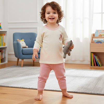 Enfant vêtu du pyjama bébé Douceur Bio debout tenant jouet en mains