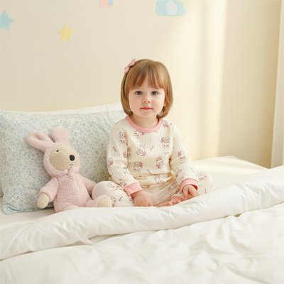 Enfant vêtu du Pyjama bébé Doux Rêves assis sur grand lit en compagnie lapin en peluche
