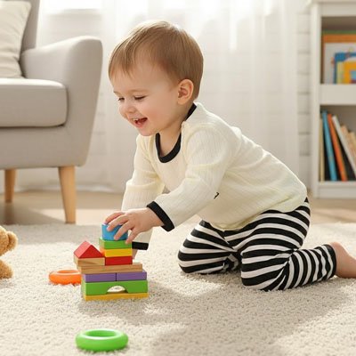 Enfant vêtu pyjama bébé coton doux à genoux et heureux dans jeux construction