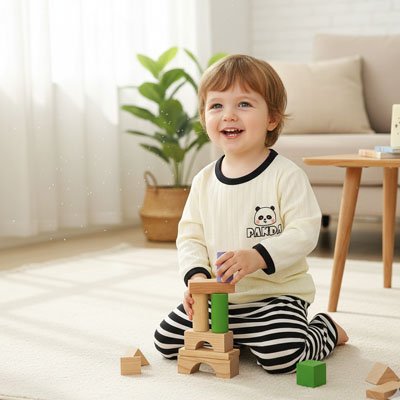 Enfant vêtu pyjama bébé coton doux à genoux souriant et jouant jeux construction
