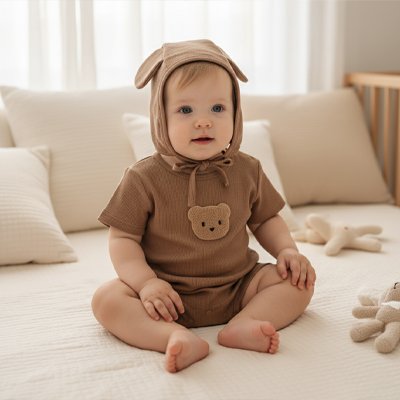 Enfant vêtu pyjama bébé garçon Bio Doux assis dans grand lit
