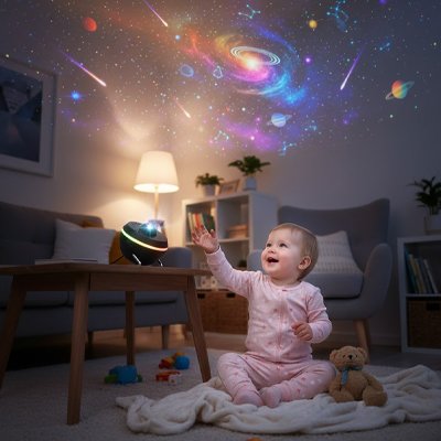 Enfant vêtu de rose assis avec ours en peluche sur drap blanc et émerveillé par ciel galactique projeté par projecteur enfant univers magique