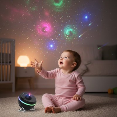 Enfant vêtu de rose assis et émerveillé par ciel galactique projeté par projecteur enfant univers magique