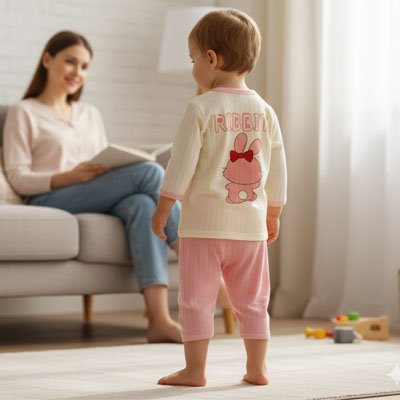 Enfant vue dos habillé en pyjama bébé Douceur Bio debout devant mère tenant livre mains