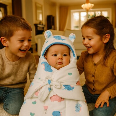 enfants jouant dans le luxueux salon maison avec petite soeur vetu nid d ange cosy doudou